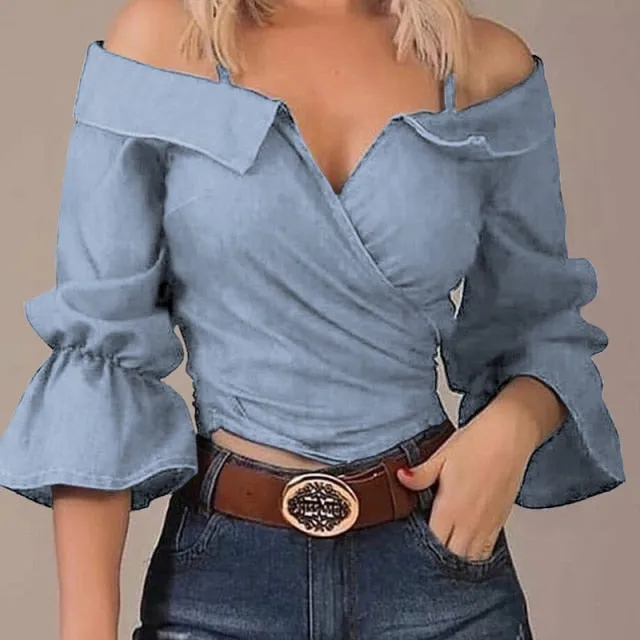 Trendy Off The Shoulder Casual Flare Sleeve Shirt