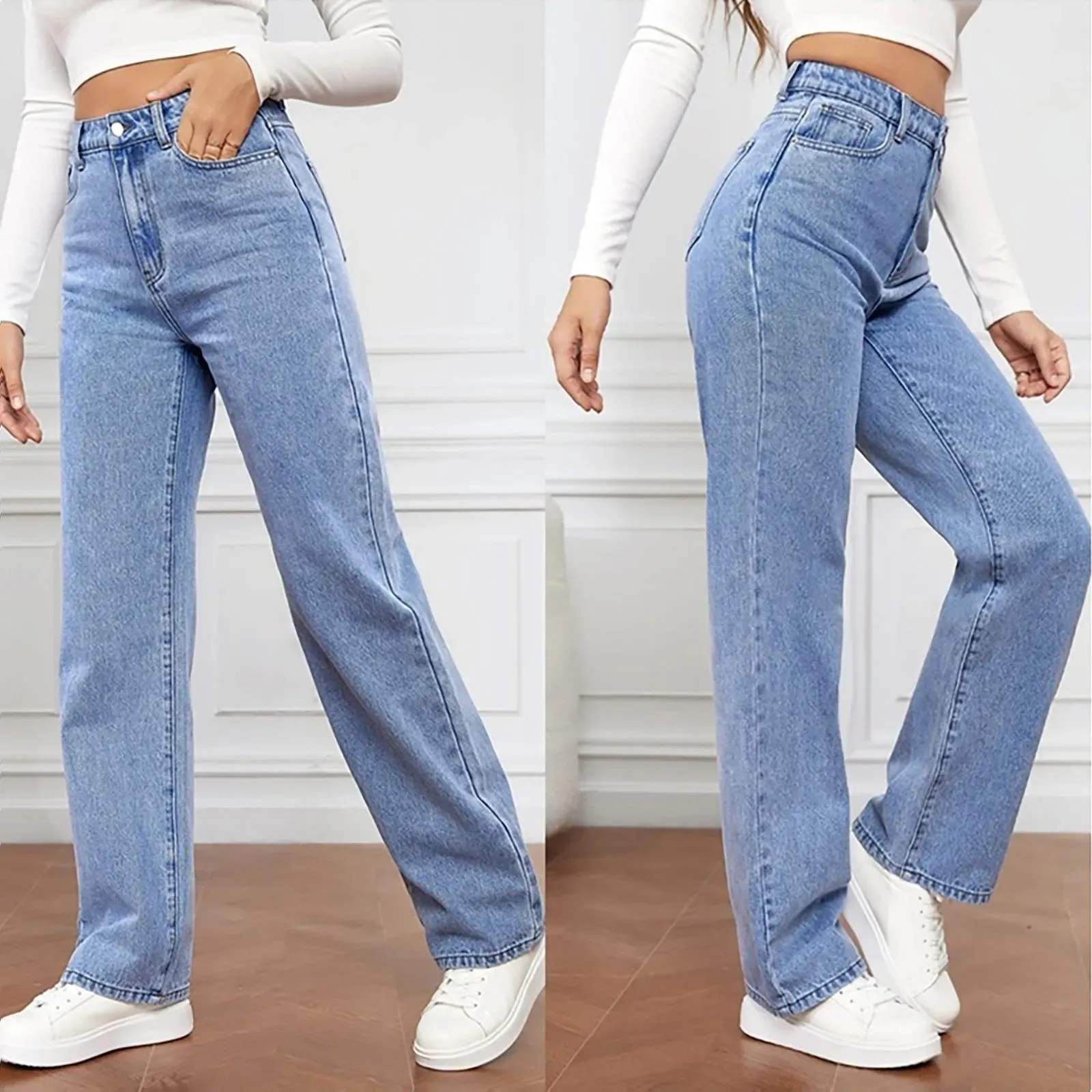 Trendy Straight Leg High Waist Denim Jeans