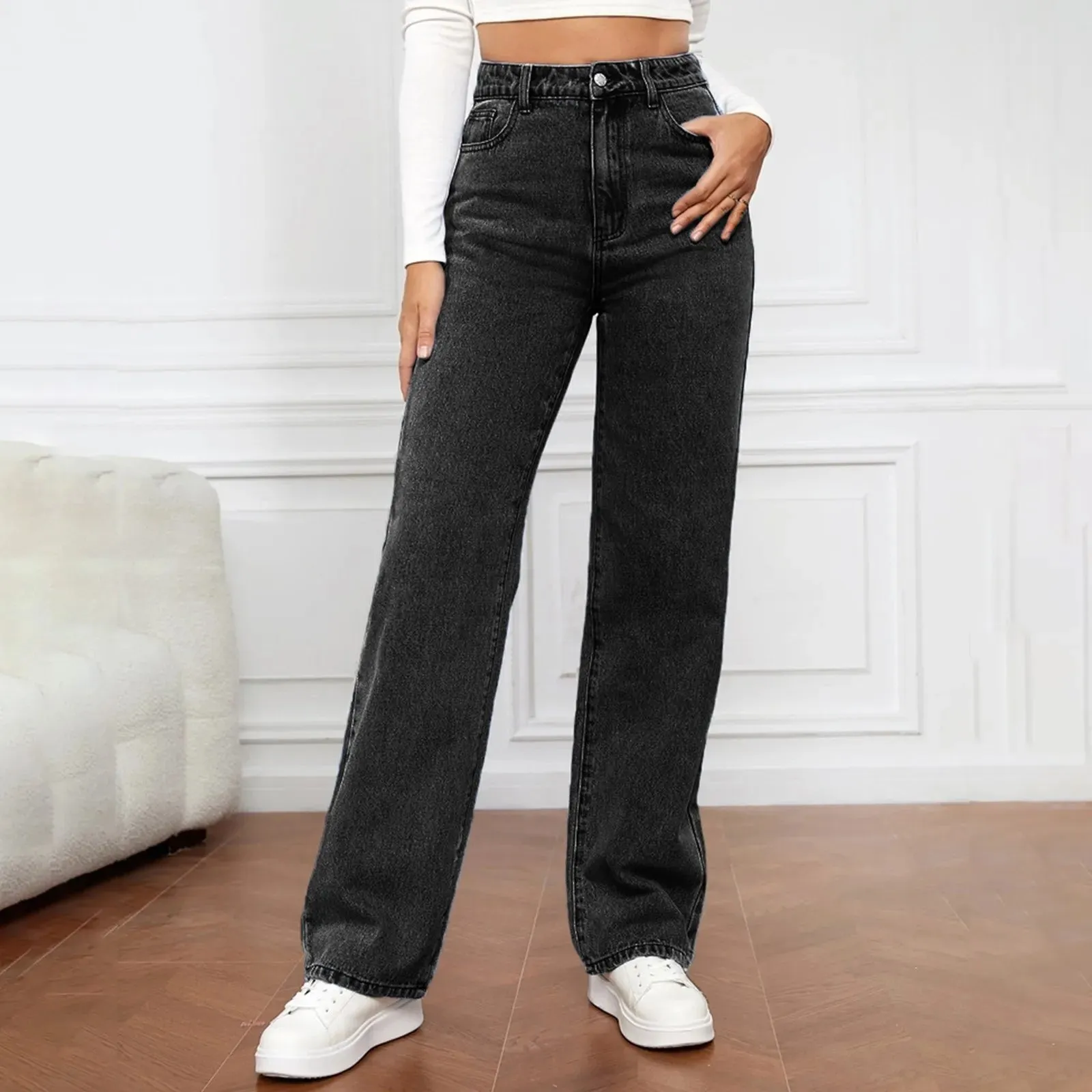 Trendy Straight Leg High Waist Denim Jeans