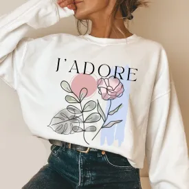 Women's J'Adore Valentine's Unisex Crewneck Sweatshirt Minimalist Abstract Valentine Design in Soft Pink, Light Blue and White