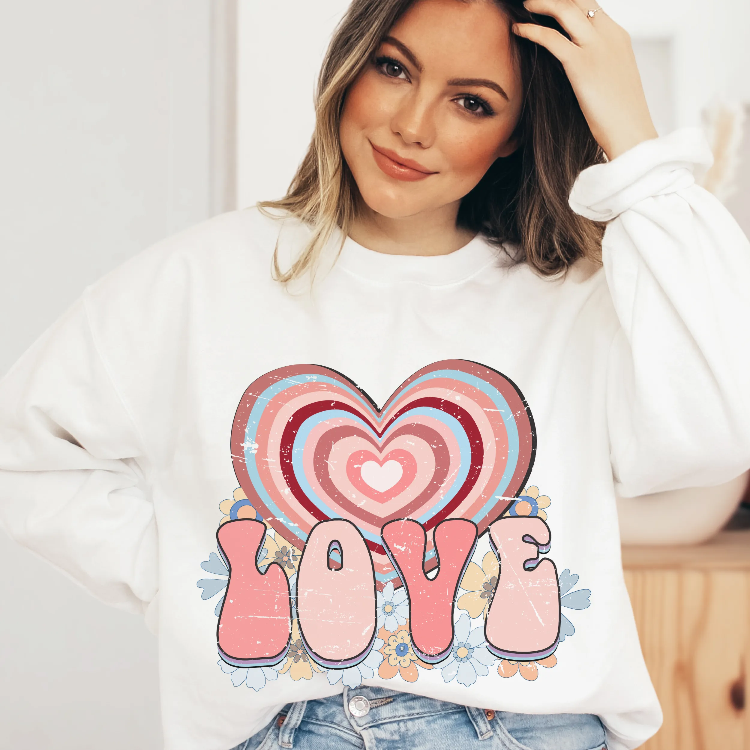 Women's Retro Valentine's Day Love Crewneck Sweatshirt in White, Pink or Ash Crewneck Unisex Valentine's Gift Cute Graphic Sweatshirt