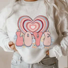 Women's Retro Valentine's Day Love Crewneck Sweatshirt in White, Pink or Ash Crewneck Unisex Valentine's Gift Cute Graphic Sweatshirt