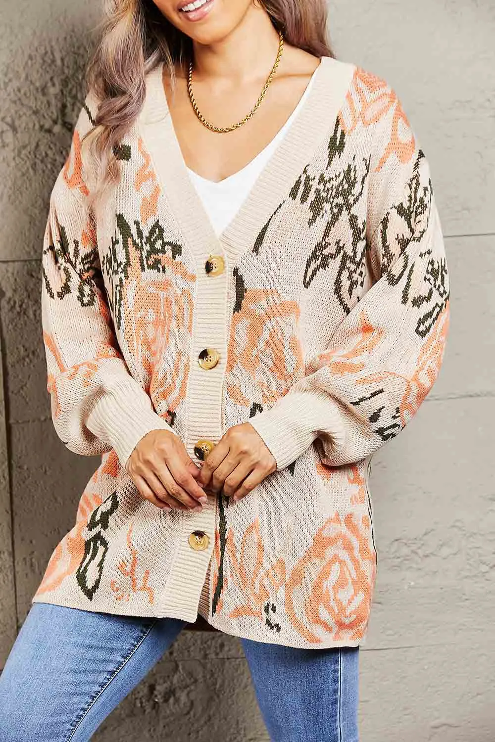 Woven Right Floral Pattern Ribbed Trim Cardigan